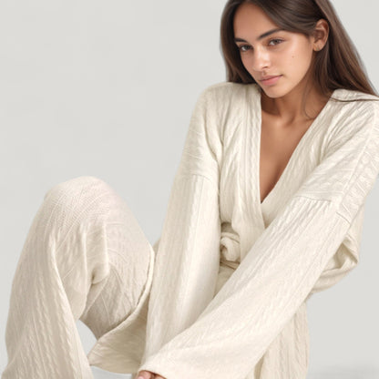 Anna-Kaci Lounge Women's 3-Piece Pajama Set with Textured Woven Knit Bra Top Open Cardigan and High Waist Pants