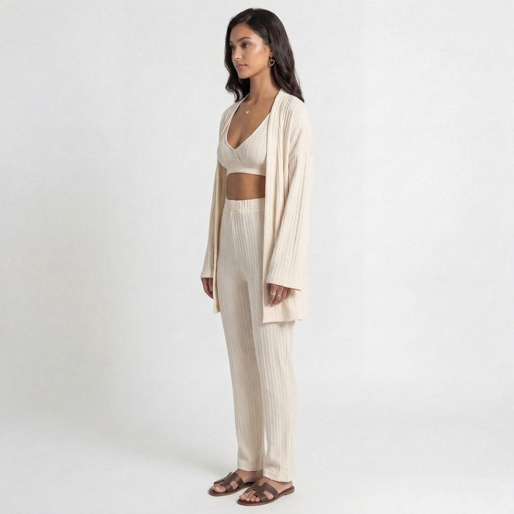 Anna-Kaci Lounge Women's 3-Piece Pajama Set with Textured Woven Knit Bra Top Open Cardigan and High Waist Pants