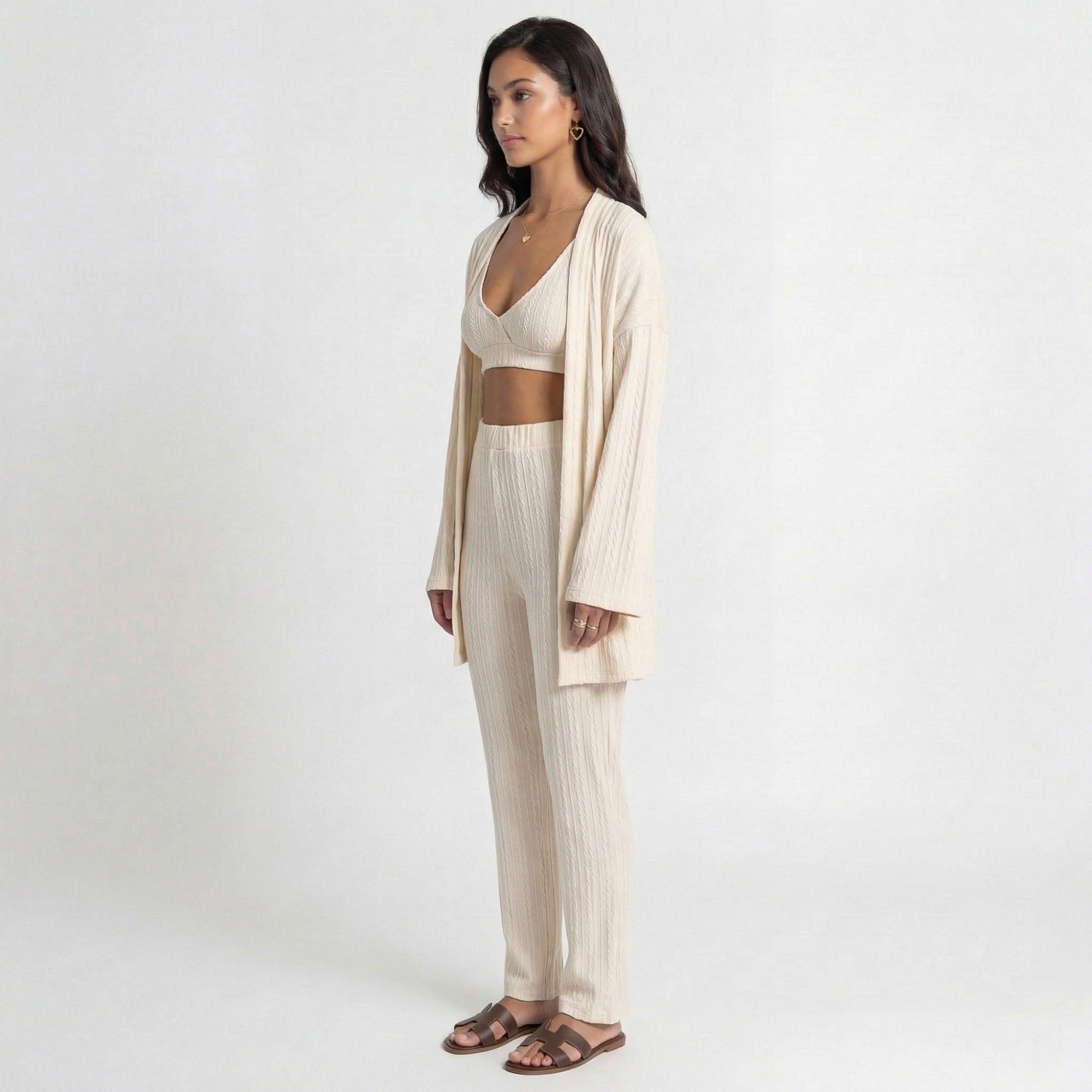 Anna-Kaci Lounge Women's 3-Piece Pajama Set with Textured Woven Knit Bra Top Open Cardigan and High Waist Pants