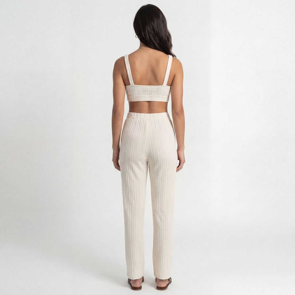 Anna-Kaci Lounge Women's 3-Piece Pajama Set with Textured Woven Knit Bra Top Open Cardigan and High Waist Pants