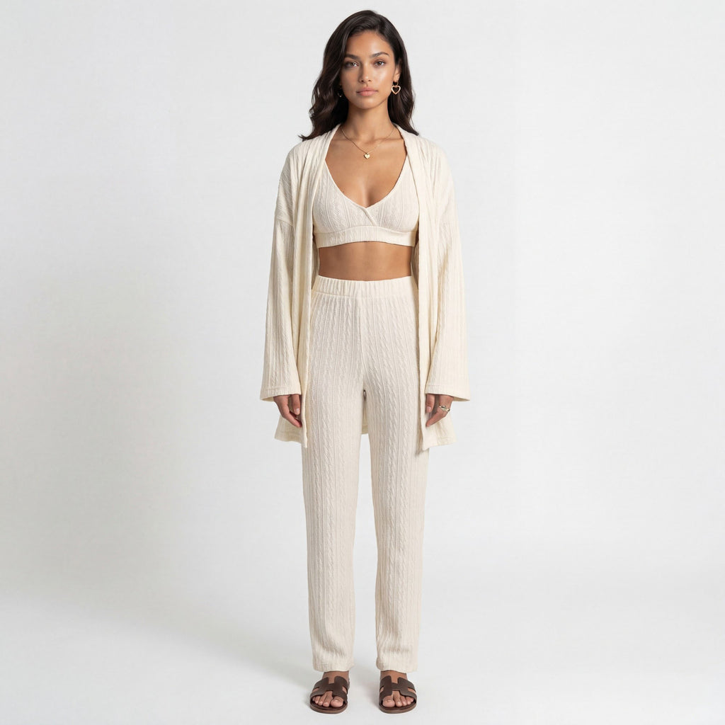 Anna-Kaci Lounge Women's 3-Piece Pajama Set with Textured Woven Knit Bra Top Open Cardigan and High Waist Pants