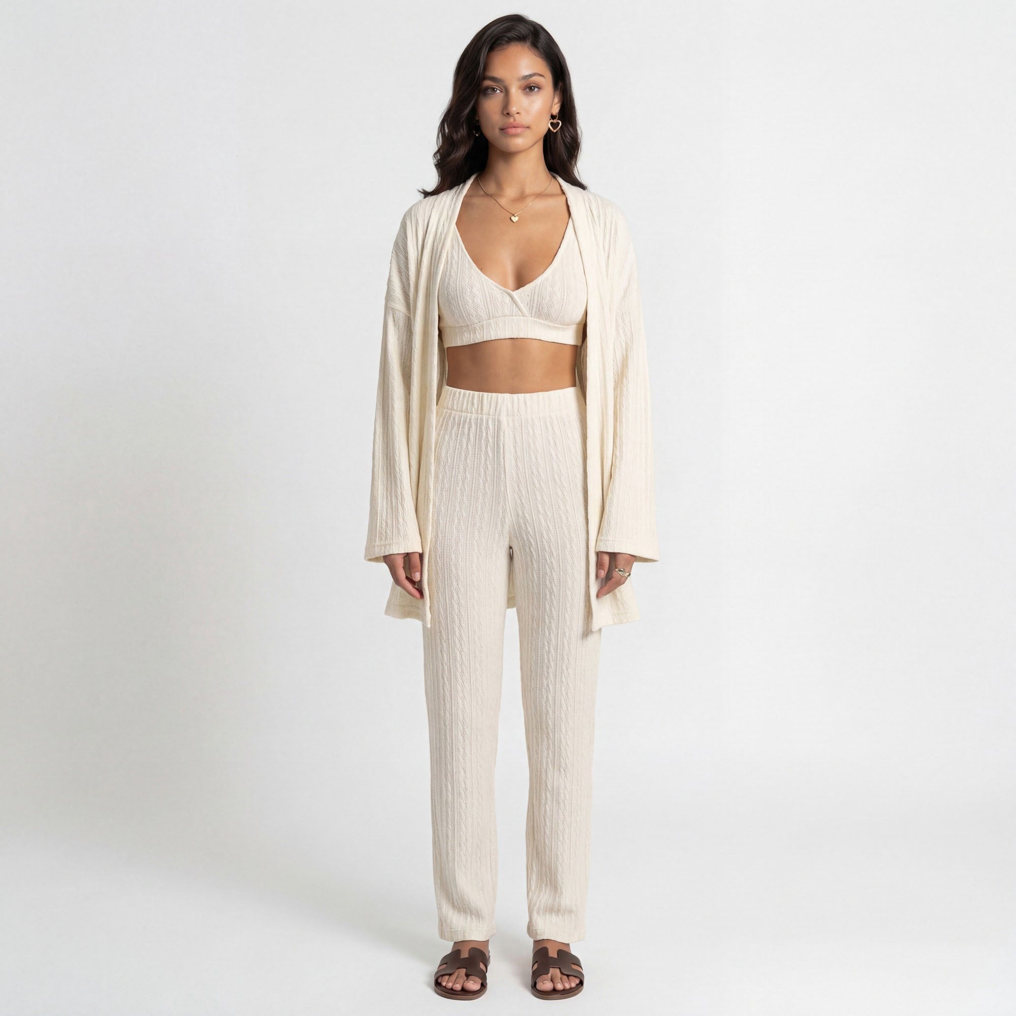 Anna-Kaci Lounge Women's 3-Piece Pajama Set with Textured Woven Knit Bra Top Open Cardigan and High Waist Pants