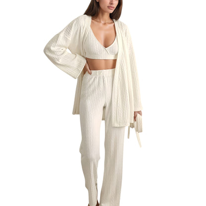 Anna-Kaci Lounge Women's 3-Piece Pajama Set with Textured Woven Knit Bra Top Open Cardigan and High Waist Pants