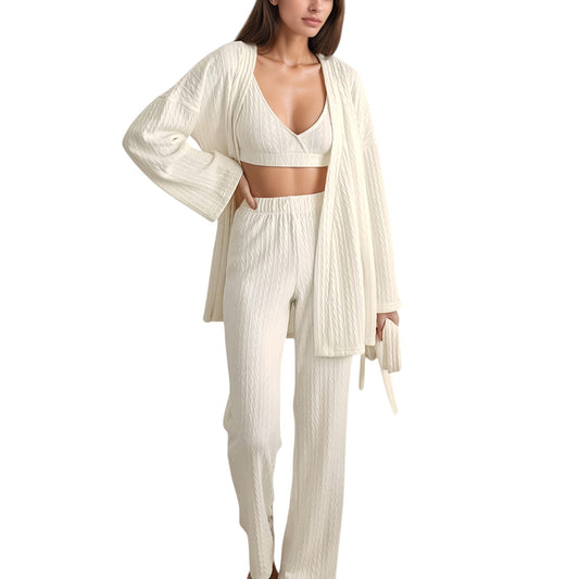 Anna-Kaci Lounge Women's 3-Piece Pajama Set with Textured Woven Knit Bra Top Open Cardigan and High Waist Pants