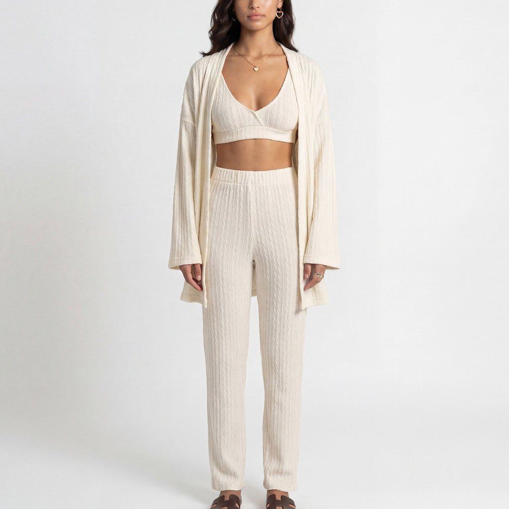 Anna-Kaci Lounge Women's 3-Piece Pajama Set with Textured Woven Knit Bra Top Open Cardigan and High Waist Pants