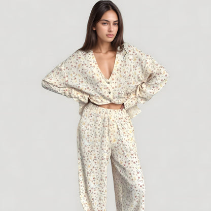 Anna-Kaci Lounge Women's Floral Print Woven Pajama Set with V-Neck Button Down Top and Wide Leg Elastic Waist Pants