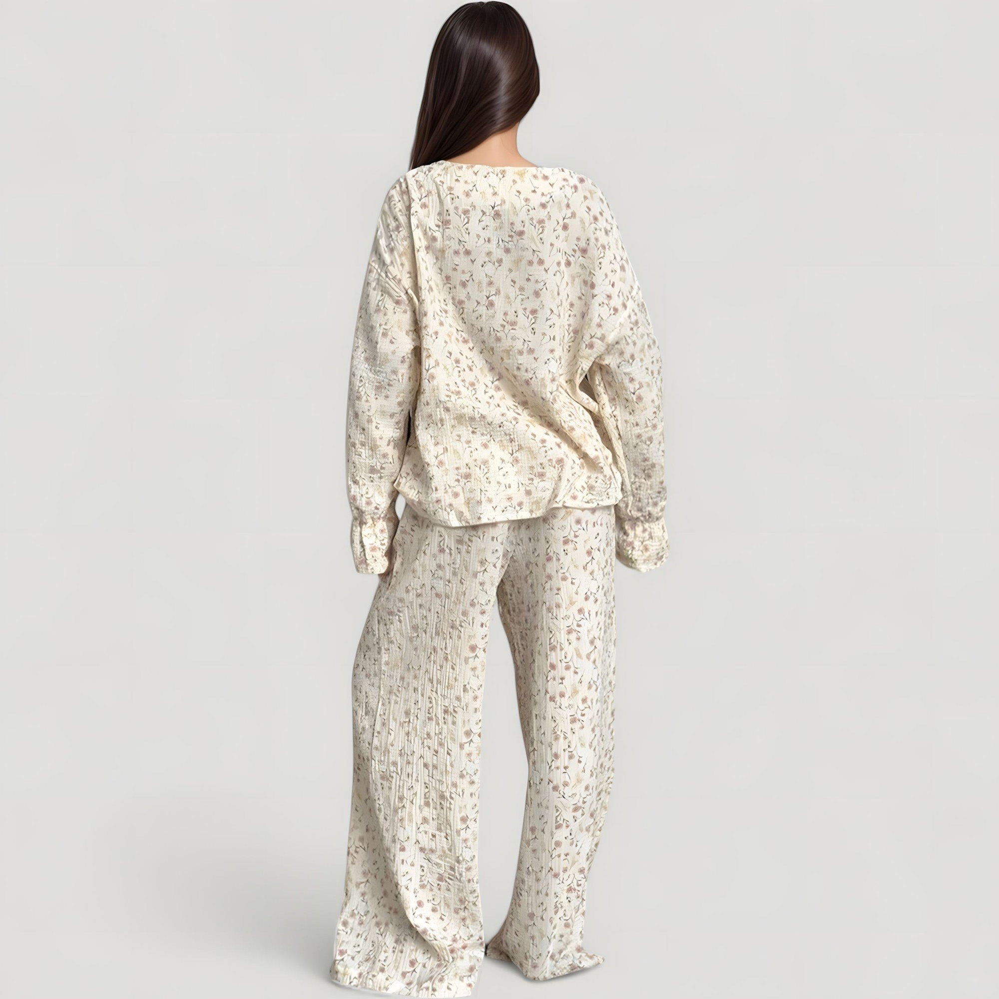 Anna-Kaci Lounge Women's Floral Print Woven Pajama Set with V-Neck Button Down Top and Wide Leg Elastic Waist Pants