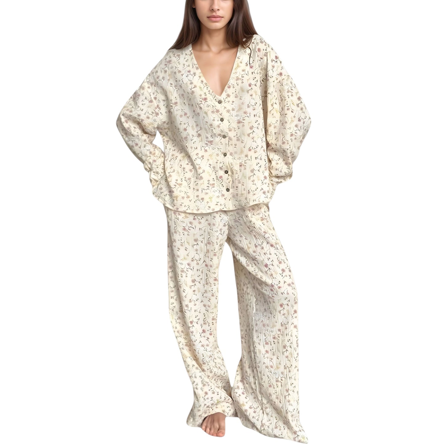 Anna-Kaci Lounge Women's Floral Print Woven Pajama Set with V-Neck Button Down Top and Wide Leg Elastic Waist Pants