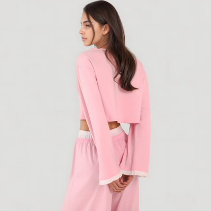 Anna-Kaci Lounge Women's Cropped Button-Up Long Sleeve Pajama Set with Contrast Trim and Wide Leg Pants