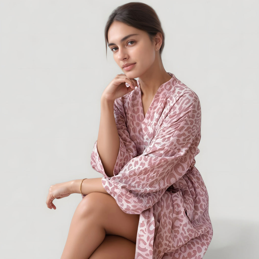Anna-Kaci Lounge Women's Woven Leopard Print Bath Robe with Waist Tie and Wide Sleeves