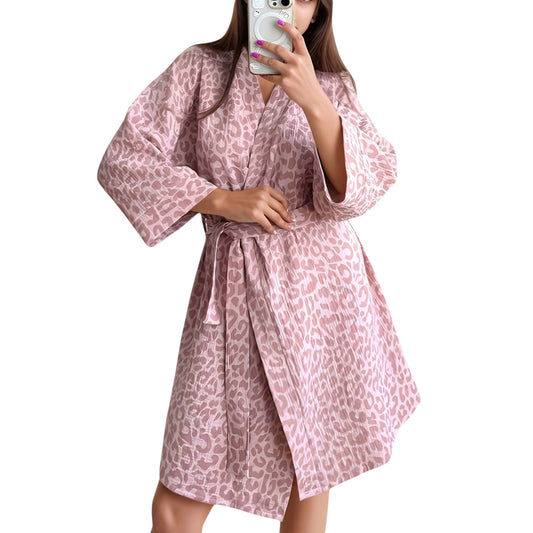 Anna-Kaci Lounge Women's Woven Leopard Print Bath Robe with Waist Tie and Wide Sleeves