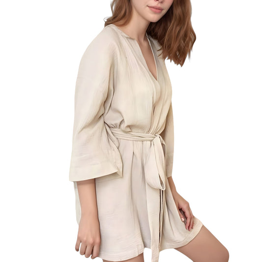 Anna-Kaci Lounge Women's Woven Textured Bath Robe with Waist Tie and Wide Sleeves