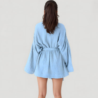 Anna-Kaci Lounge Women's Woven Textured Bath Robe with Waist Tie and Wide Sleeves