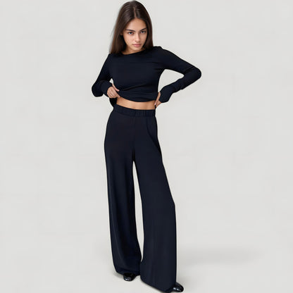 Anna-Kaci Lounge Women's Long Sleeve Woven Pajama Set with Fitted Crew Neck Top and Wide Leg Pants