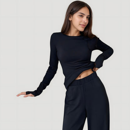 Anna-Kaci Lounge Women's Long Sleeve Woven Pajama Set with Fitted Crew Neck Top and Wide Leg Pants