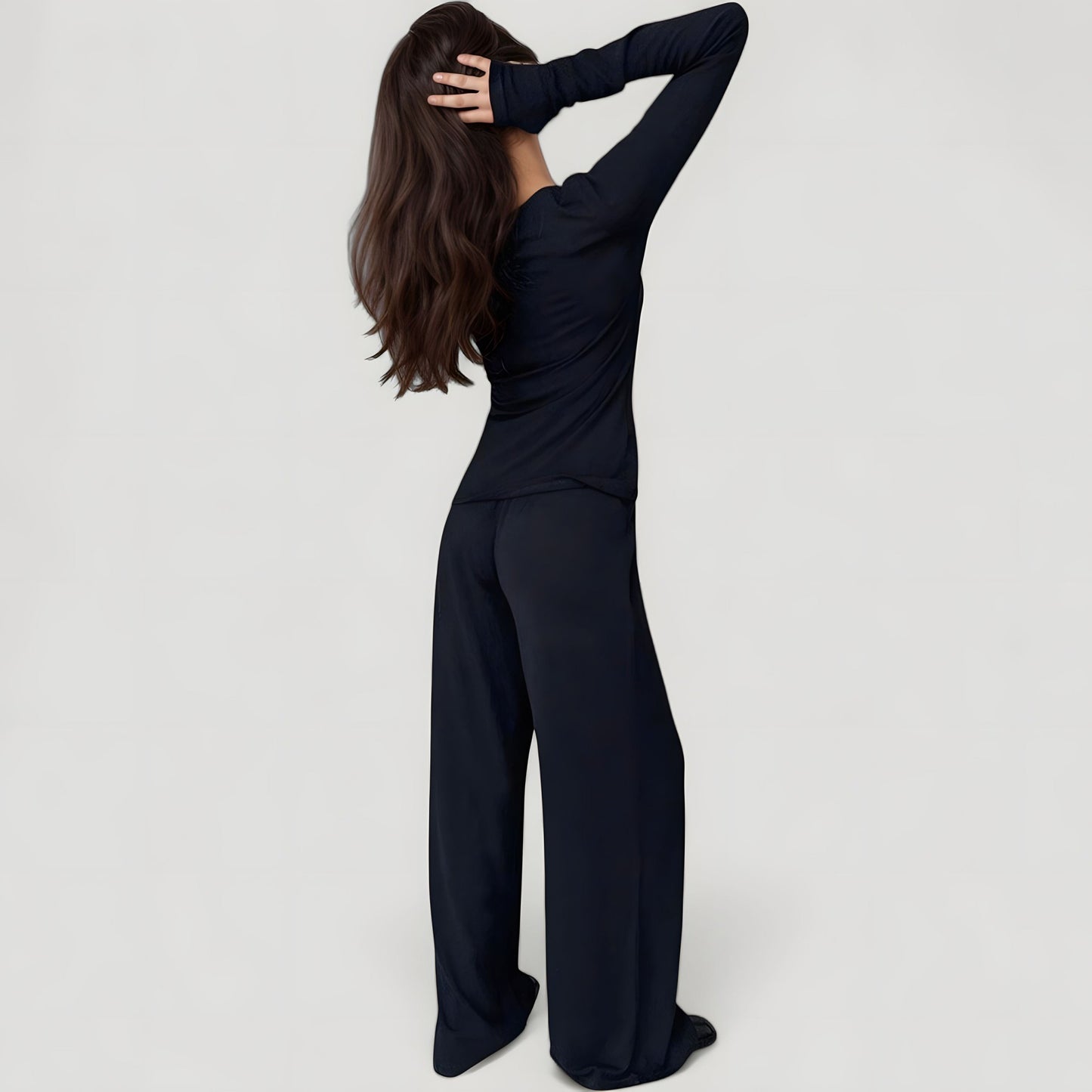 Anna-Kaci Lounge Women's Long Sleeve Woven Pajama Set with Fitted Crew Neck Top and Wide Leg Pants