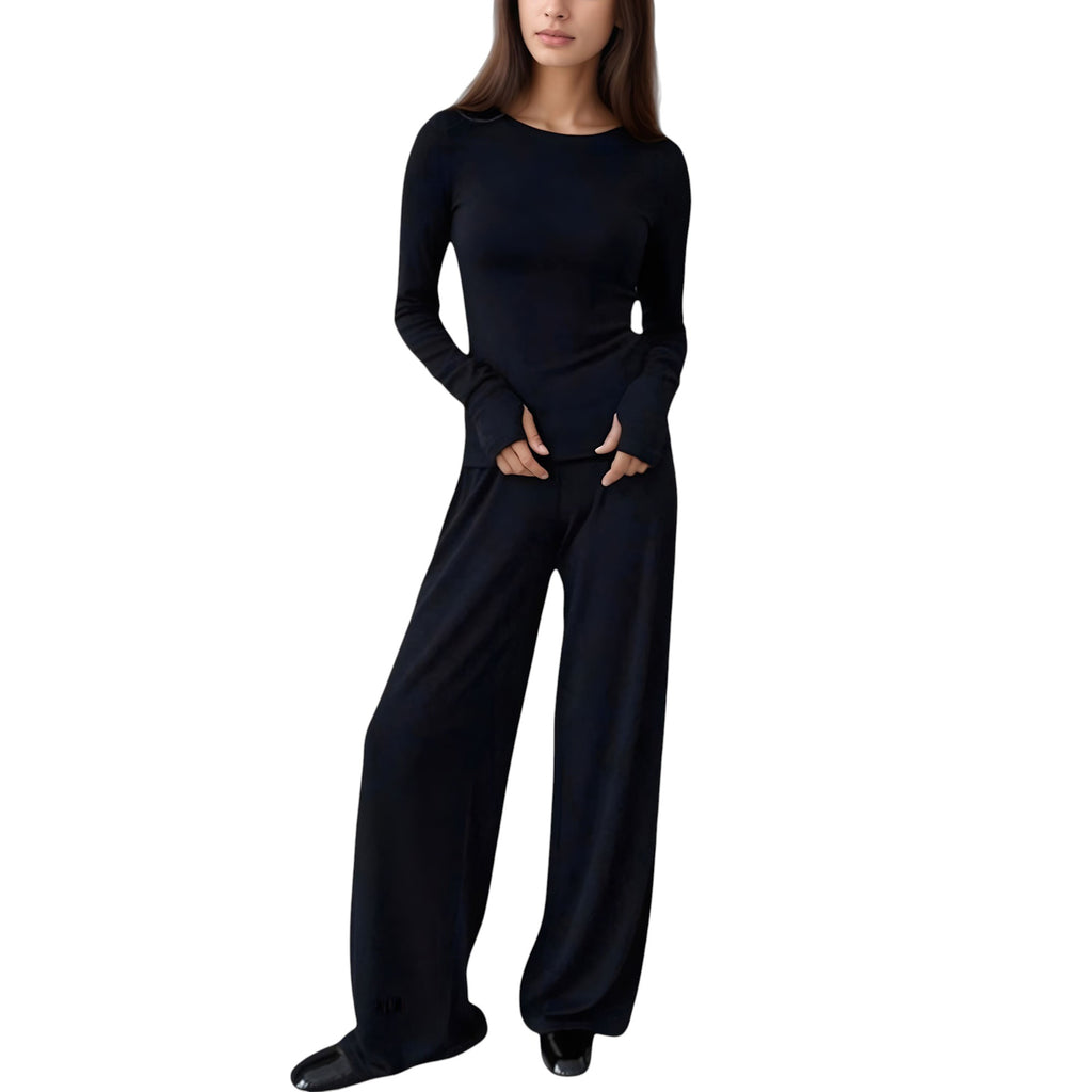Anna-Kaci Lounge Women's Long Sleeve Woven Pajama Set with Fitted Crew Neck Top and Wide Leg Pants