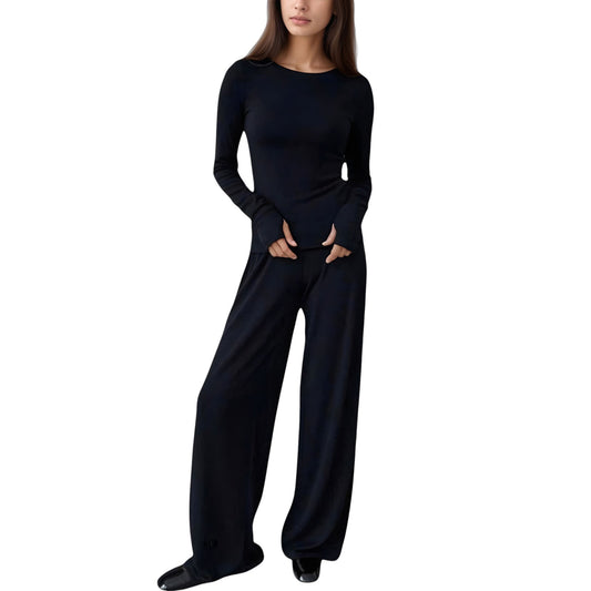 Anna-Kaci Lounge Women's Long Sleeve Woven Pajama Set with Fitted Crew Neck Top and Wide Leg Pants