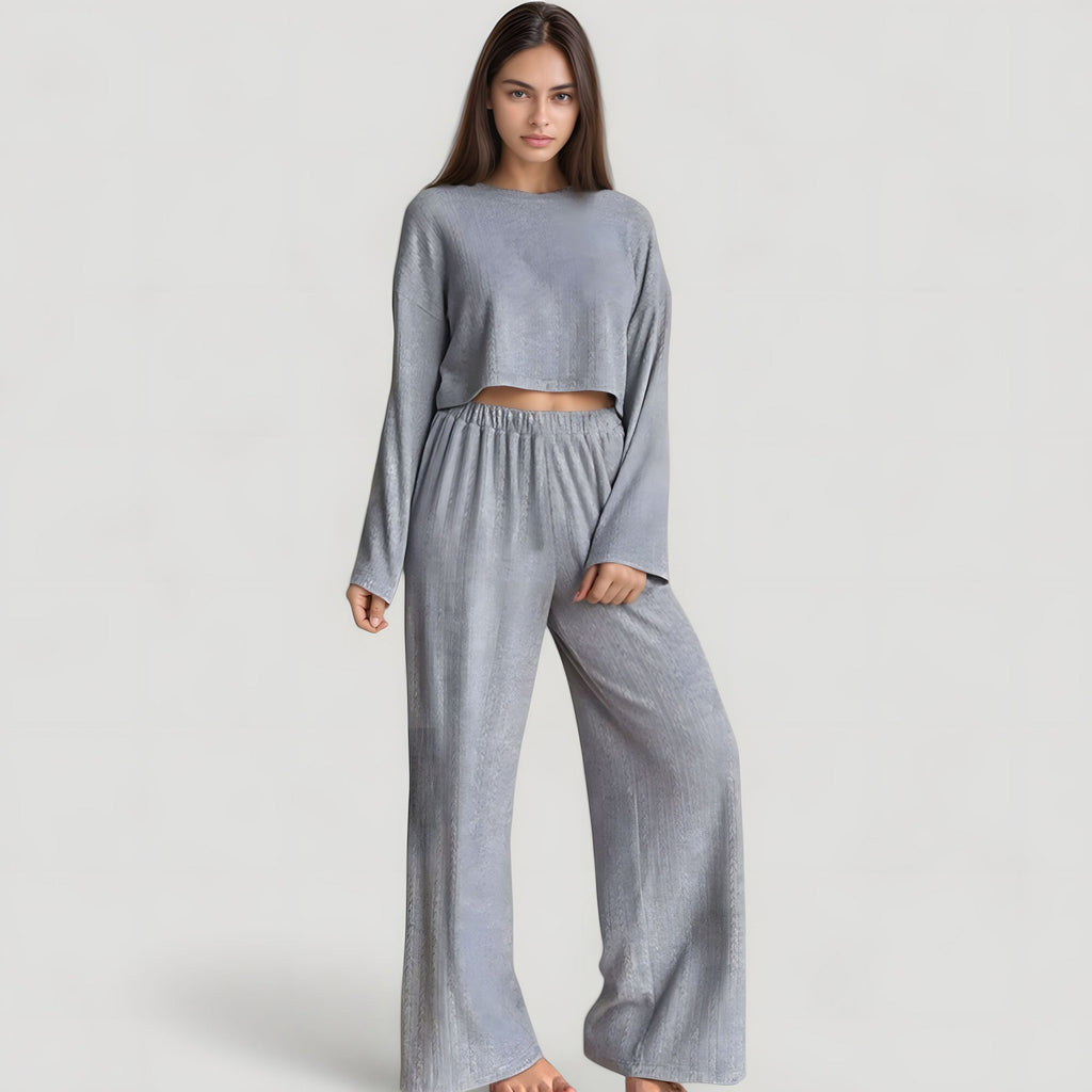 Anna-Kaci Lounge Women's Ribbed Knit Long Sleeve Crop Top and Wide Leg Lounge Pants Two-Piece Pajama Set