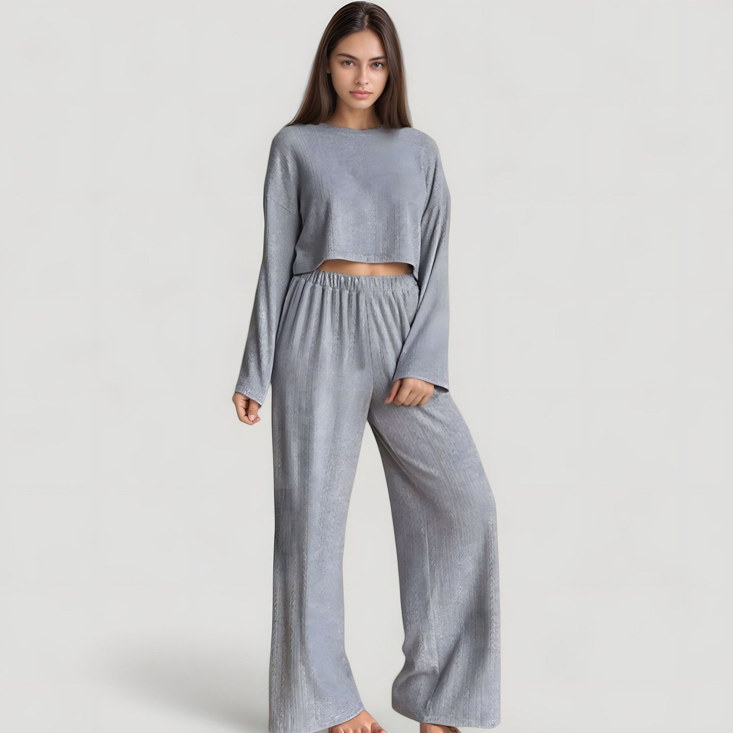 Anna-Kaci Lounge Women's Ribbed Knit Long Sleeve Crop Top and Wide Leg Lounge Pants Two-Piece Pajama Set