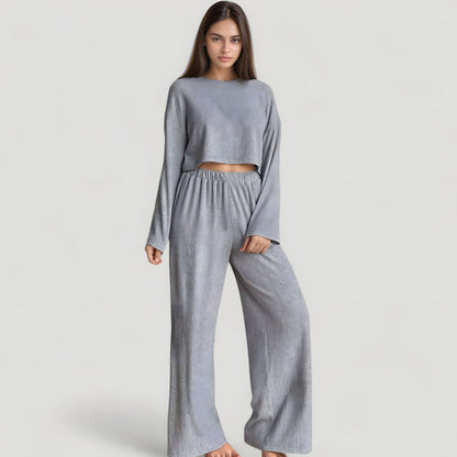 Anna-Kaci Lounge Women's Ribbed Knit Long Sleeve Crop Top and Wide Leg Lounge Pants Two-Piece Pajama Set
