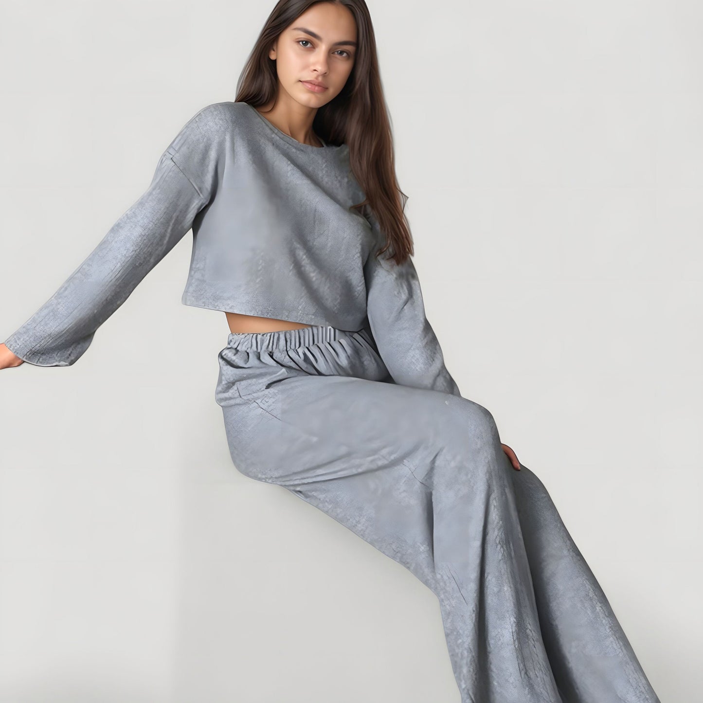 Anna-Kaci Lounge Women's Ribbed Knit Long Sleeve Crop Top and Wide Leg Lounge Pants Two-Piece Pajama Set