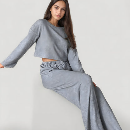 Anna-Kaci Lounge Women's Ribbed Knit Long Sleeve Crop Top and Wide Leg Lounge Pants Two-Piece Pajama Set