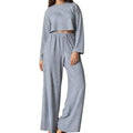 Anna-Kaci Lounge Women's Ribbed Knit Long Sleeve Crop Top and Wide Leg Lounge Pants Two-Piece Pajama Set