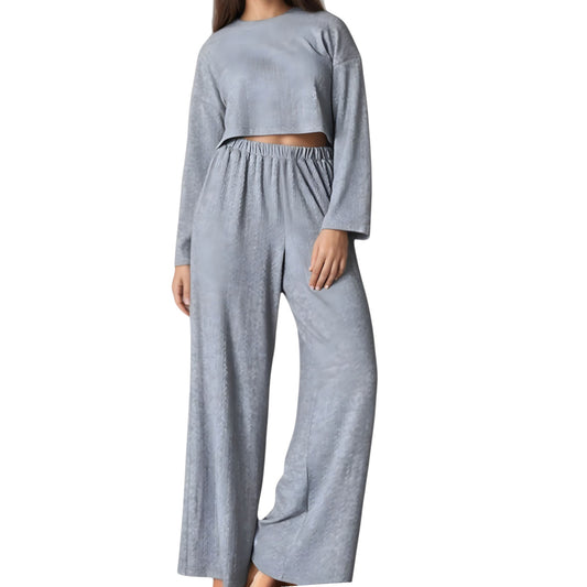 Anna-Kaci Lounge Women's Ribbed Knit Long Sleeve Crop Top and Wide Leg Lounge Pants Two-Piece Pajama Set