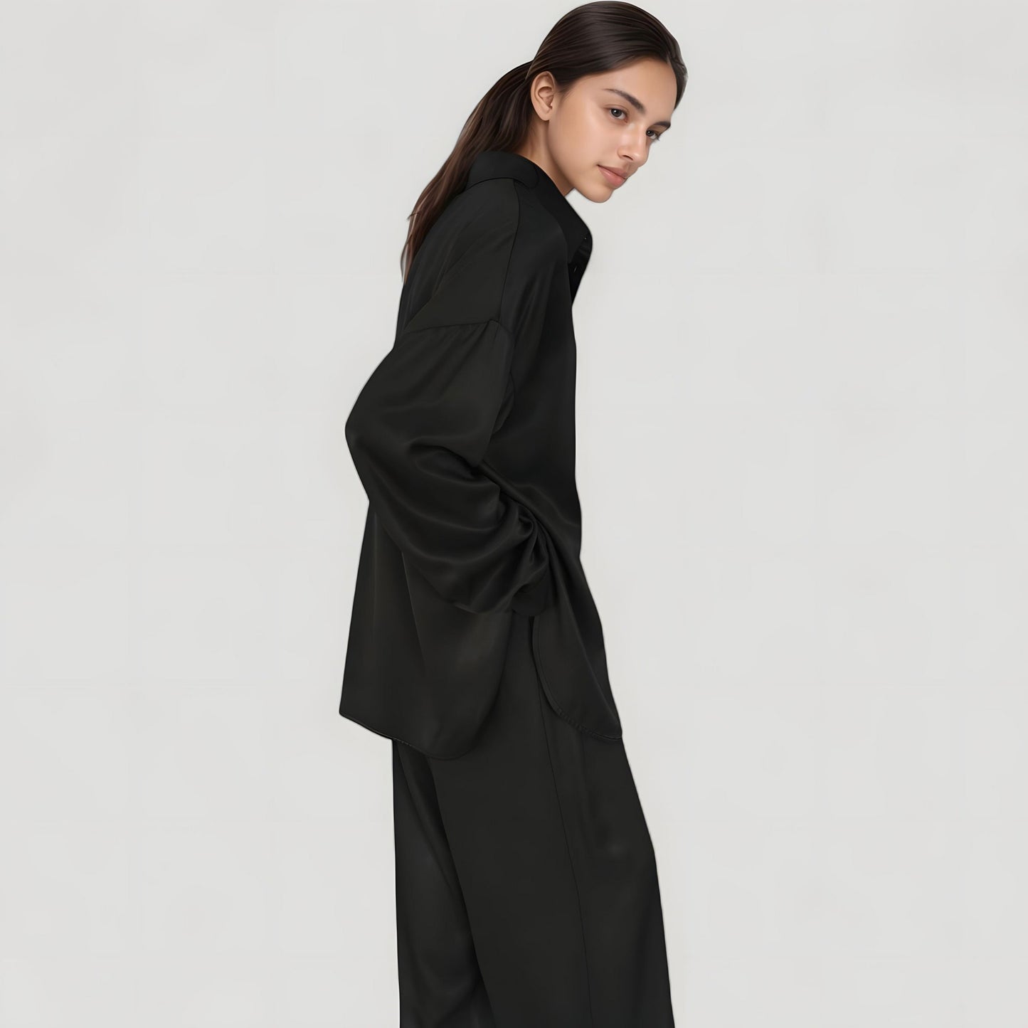 Anna-Kaci Lounge Women's Relaxed Fit Satin Button-Down Shirt and Wide Leg Pants Two-Piece Lounge Pajama Set