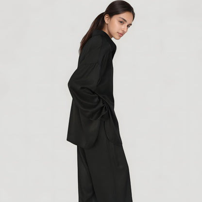 Anna-Kaci Lounge Women's Relaxed Fit Satin Button-Down Shirt and Wide Leg Pants Two-Piece Lounge Pajama Set