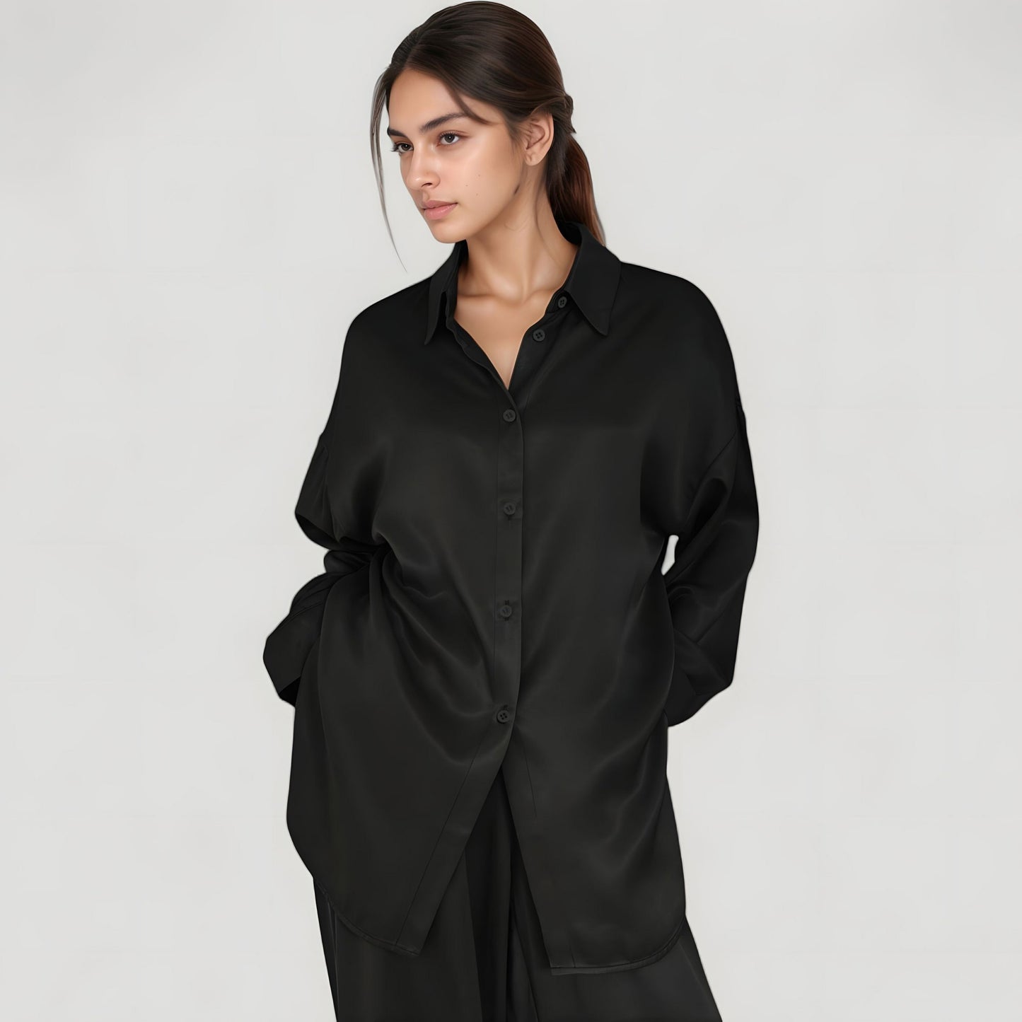 Anna-Kaci Lounge Women's Relaxed Fit Satin Button-Down Shirt and Wide Leg Pants Two-Piece Lounge Pajama Set