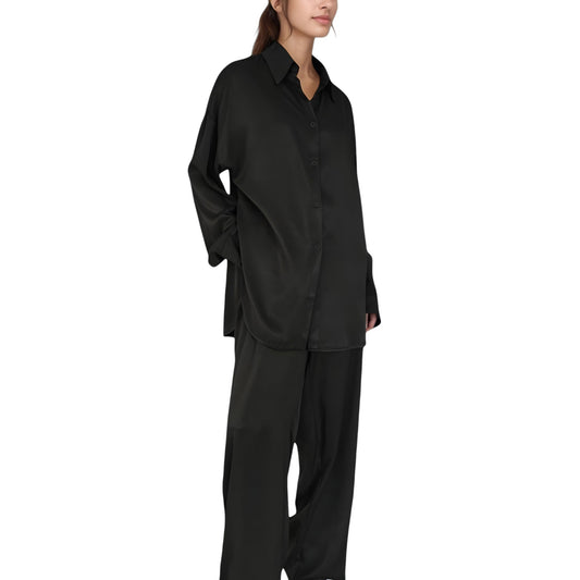 Anna-Kaci Lounge Women's Relaxed Fit Satin Button-Down Shirt and Wide Leg Pants Two-Piece Lounge Pajama Set