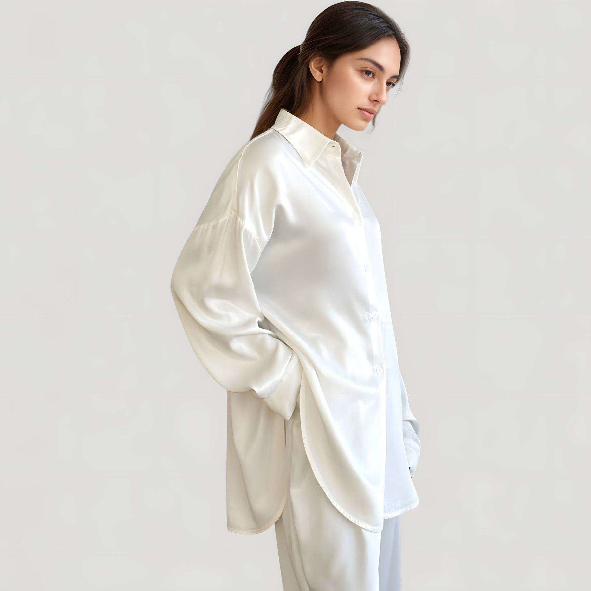 Anna-Kaci Lounge Women's Relaxed Fit Satin Button-Down Shirt and Wide Leg Pants Two-Piece Lounge Pajama Set