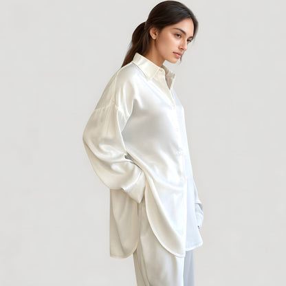 Anna-Kaci Lounge Women's Relaxed Fit Satin Button-Down Shirt and Wide Leg Pants Two-Piece Lounge Pajama Set