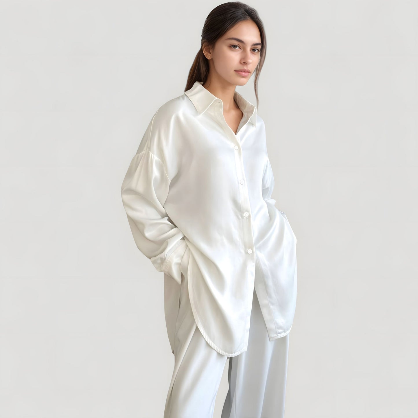 Anna-Kaci Lounge Women's Relaxed Fit Satin Button-Down Shirt and Wide Leg Pants Two-Piece Lounge Pajama Set
