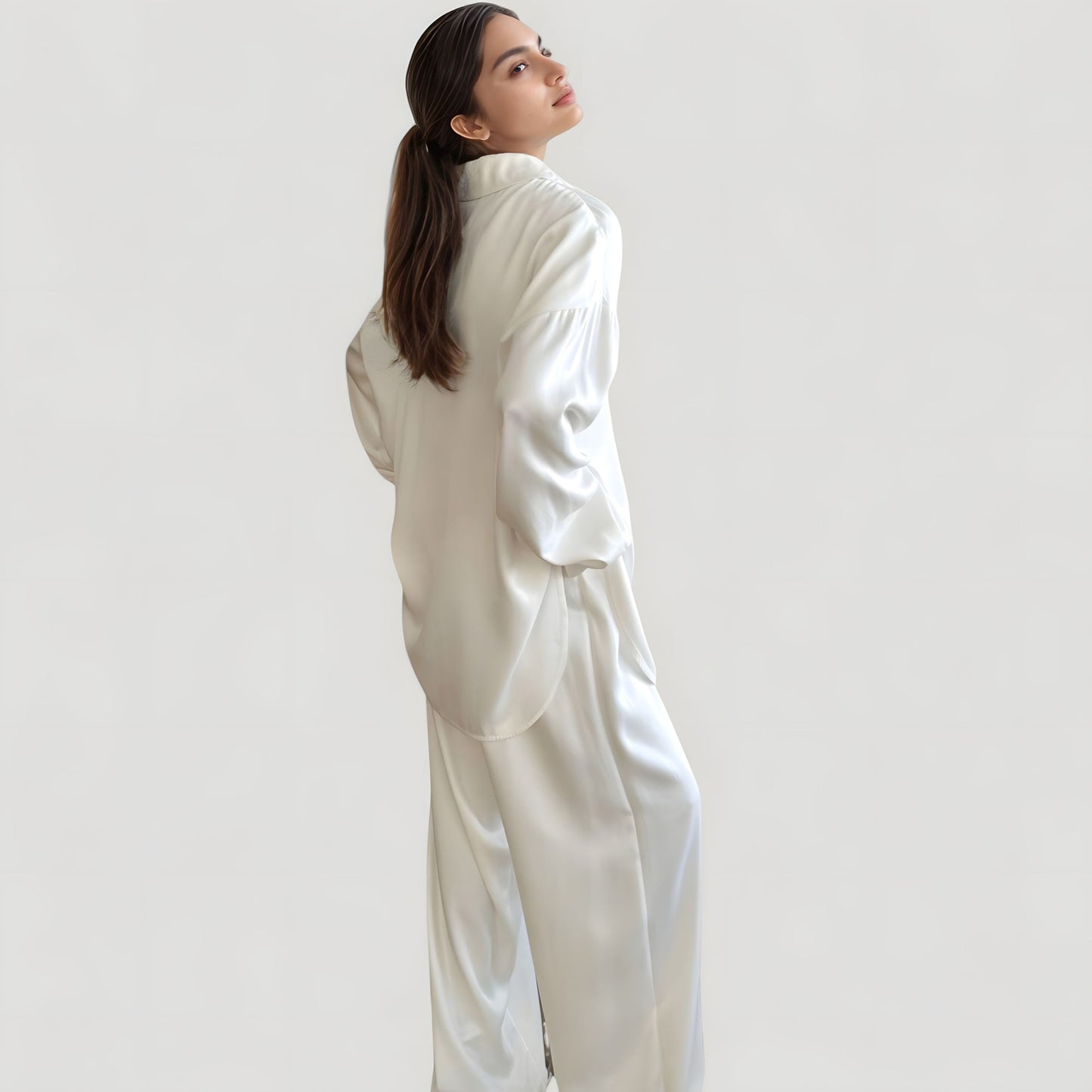 Anna-Kaci Lounge Women's Relaxed Fit Satin Button-Down Shirt and Wide Leg Pants Two-Piece Lounge Pajama Set