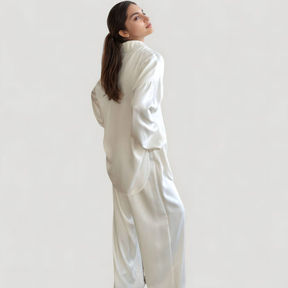 Anna-Kaci Lounge Women's Relaxed Fit Satin Button-Down Shirt and Wide Leg Pants Two-Piece Lounge Pajama Set