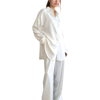 Anna-Kaci Lounge Women's Relaxed Fit Satin Button-Down Shirt and Wide Leg Pants Two-Piece Lounge Pajama Set