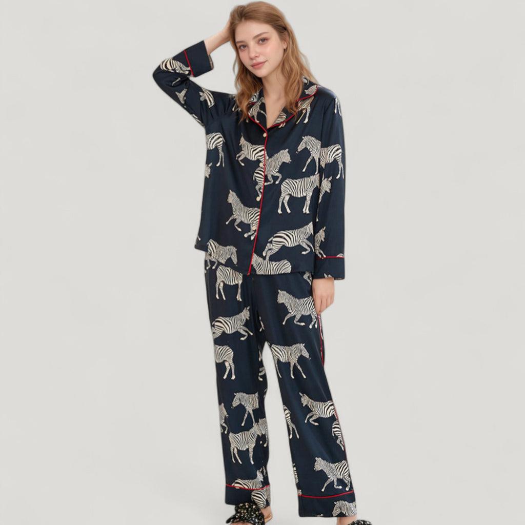 Anna-Kaci Lounge Women's Satin Zebra Print Pajama Set with Long Sleeve Button Up Shirt and Matching Relaxed Fit Pants