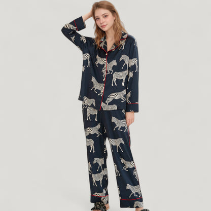 Anna-Kaci Lounge Women's Satin Zebra Print Pajama Set with Long Sleeve Button Up Shirt and Matching Relaxed Fit Pants