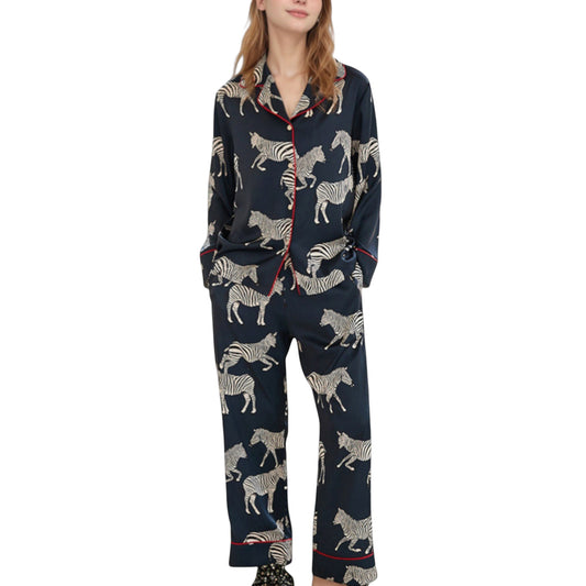 Anna-Kaci Lounge Women's Satin Zebra Print Pajama Set with Long Sleeve Button Up Shirt and Matching Relaxed Fit Pants