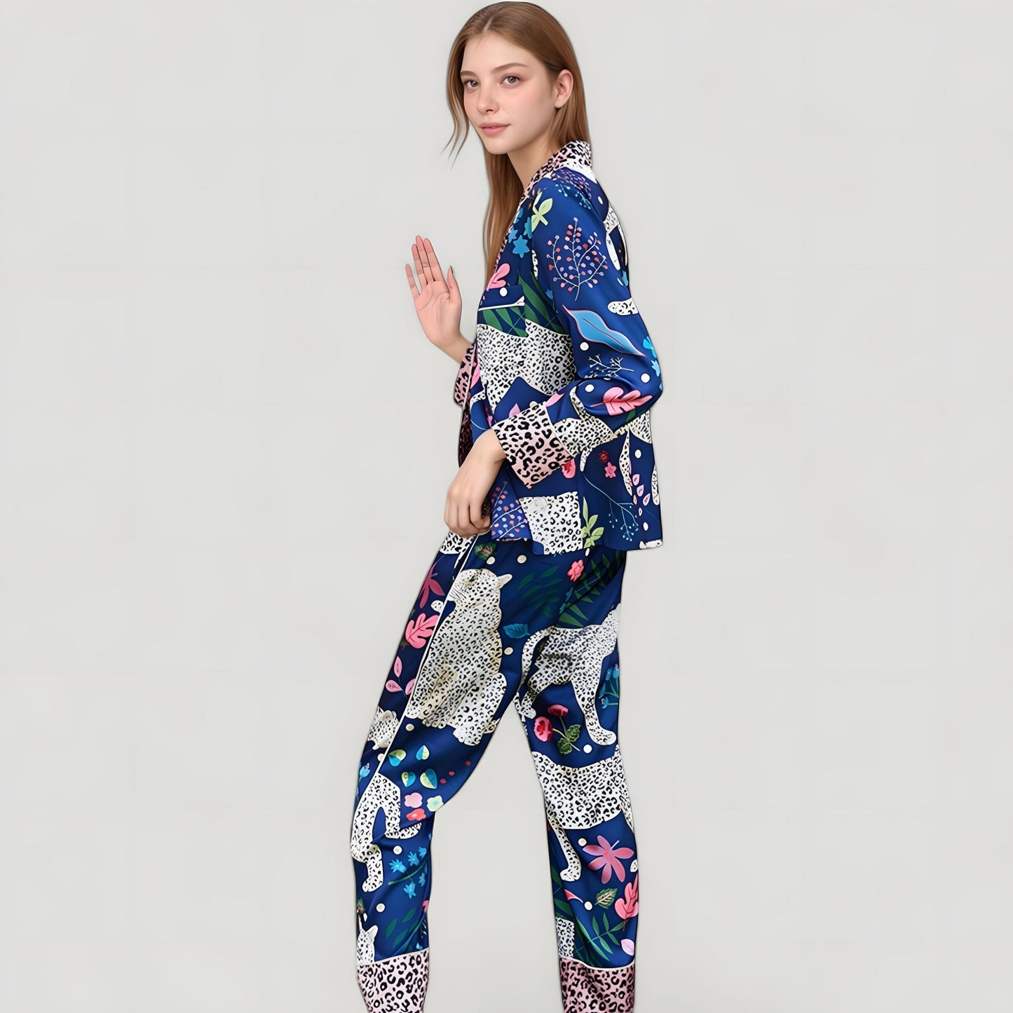 Anna-Kaci Lounge Women's Satin Leopard and Botanical Print Pajama Set with Button Up Long Sleeve Shirt and Relaxed Fit Pants
