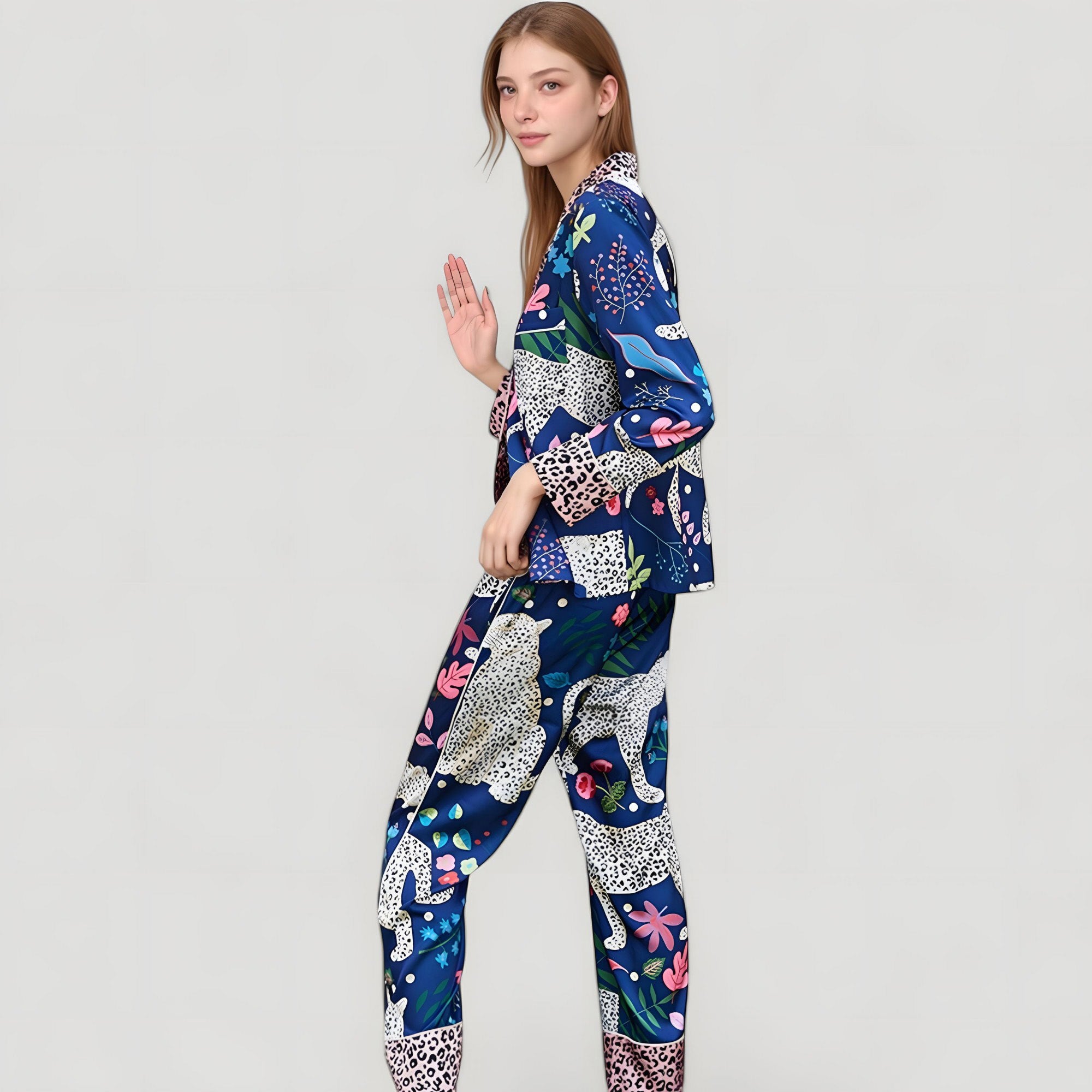 Anna-Kaci Lounge Women's Satin Leopard and Botanical Print Pajama Set with Button Up Long Sleeve Shirt and Relaxed Fit Pants