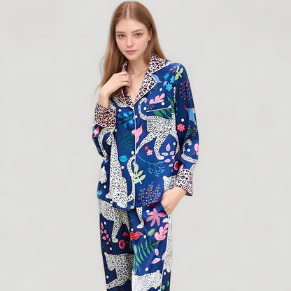 Anna-Kaci Lounge Women's Satin Leopard and Botanical Print Pajama Set with Button Up Long Sleeve Shirt and Relaxed Fit Pants