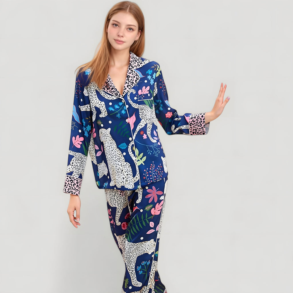Anna-Kaci Lounge Women's Satin Leopard and Botanical Print Pajama Set with Button Up Long Sleeve Shirt and Relaxed Fit Pants