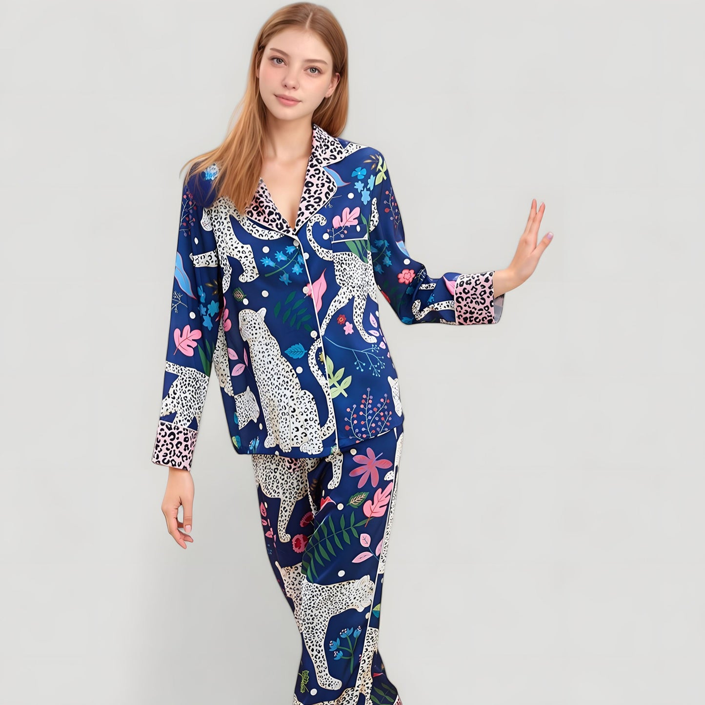 Anna-Kaci Lounge Women's Satin Leopard and Botanical Print Pajama Set with Button Up Long Sleeve Shirt and Relaxed Fit Pants