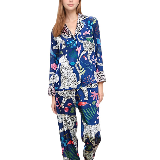 Anna-Kaci Lounge Women's Satin Leopard and Botanical Print Pajama Set with Button Up Long Sleeve Shirt and Relaxed Fit Pants