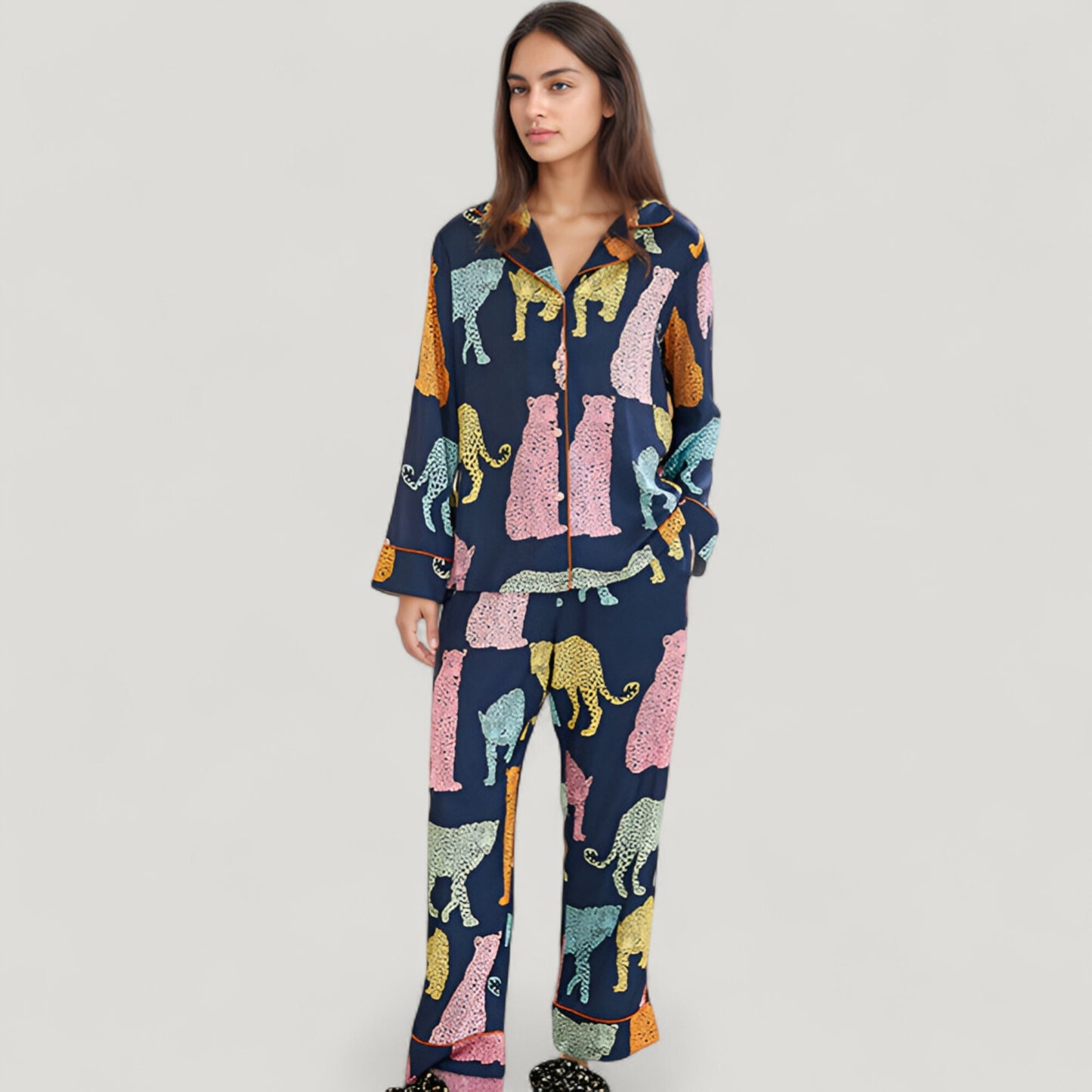 Anna-Kaci Lounge Women's Satin Multicolor Leopard Print Pajama Set with Button Up Long Sleeve Shirt and Relaxed Fit Pants