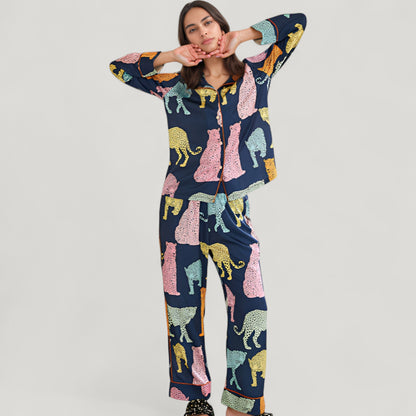Anna-Kaci Lounge Women's Satin Multicolor Leopard Print Pajama Set with Button Up Long Sleeve Shirt and Relaxed Fit Pants